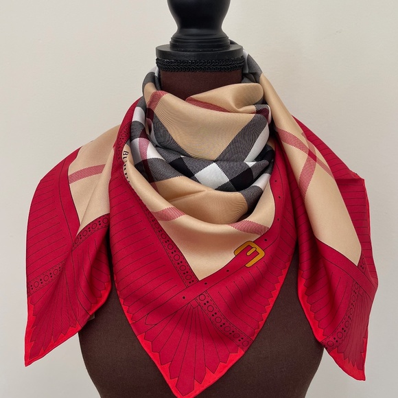 Display # 1 Burberry Scarf Iconic Beige Check Red Border Silk Wrap - Picture 1 of 14